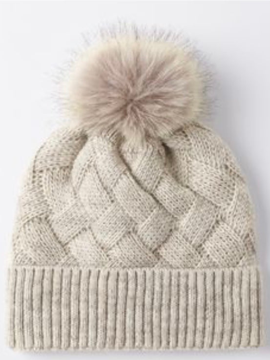 Basket Weave Knitted Toques with Pom Pom