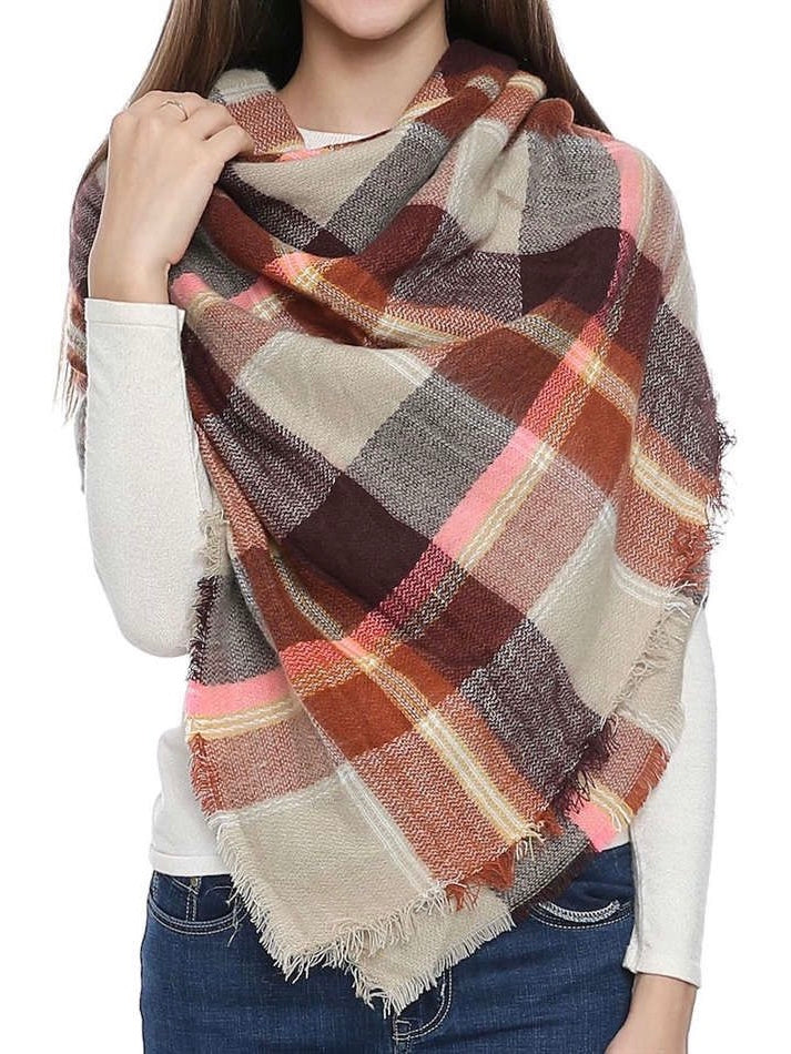 Pink/Brown Plaid Blanket Scarf