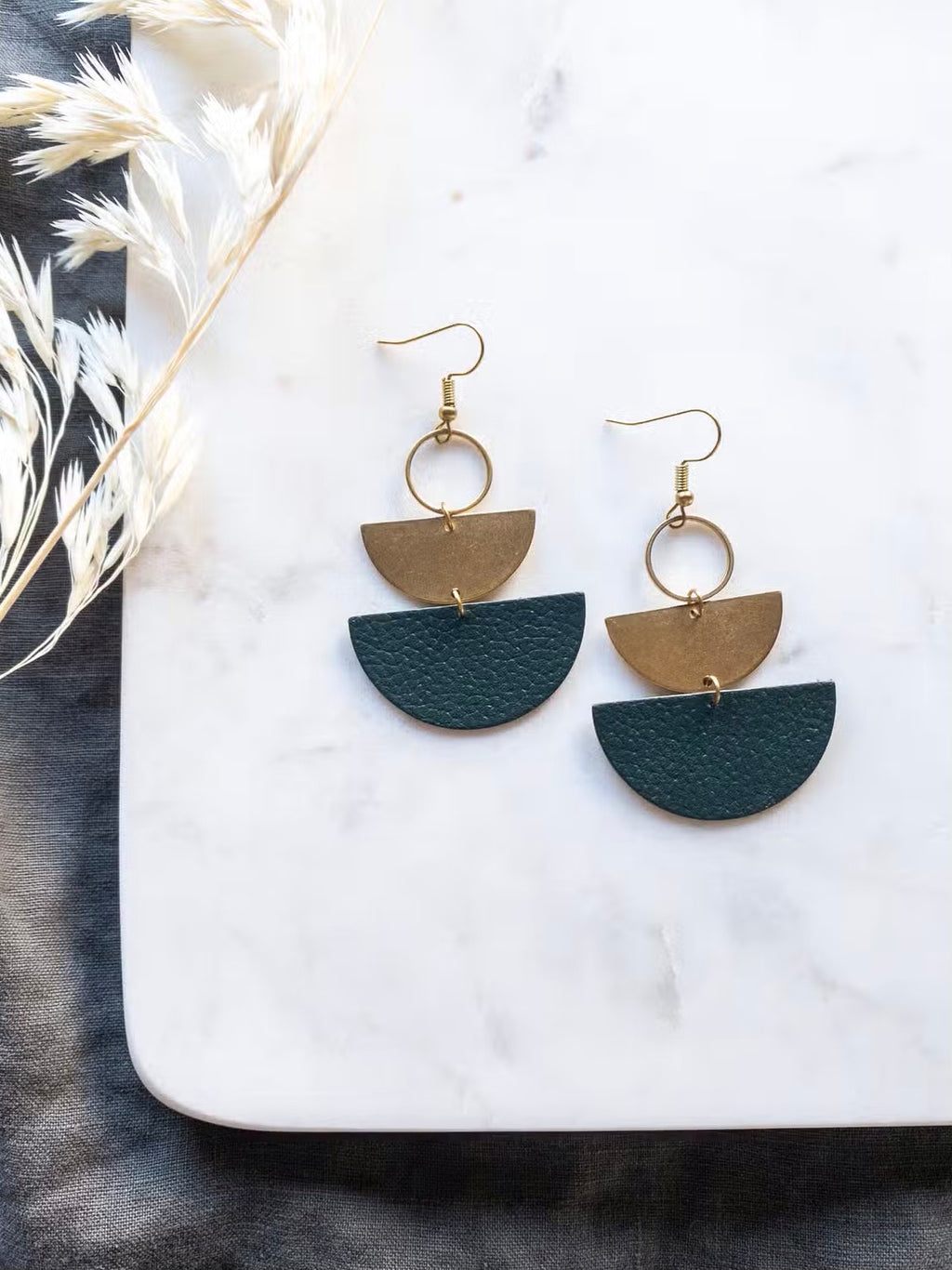 Green Leather Semi-Circle Earrings