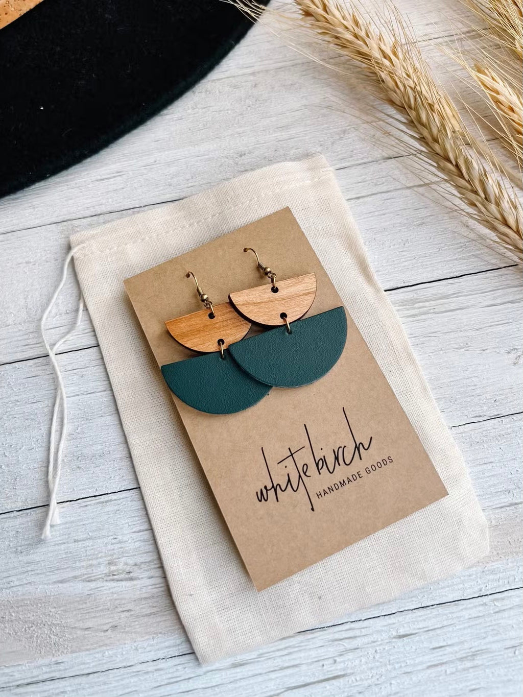 Teal Leather and Wood Earrings
